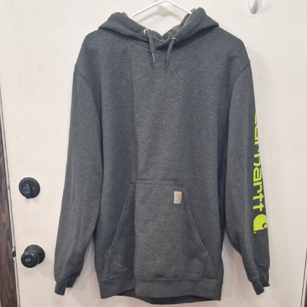 Carhartt Men’s Charcoal Hoodie with Neon Green Sleeve Logo